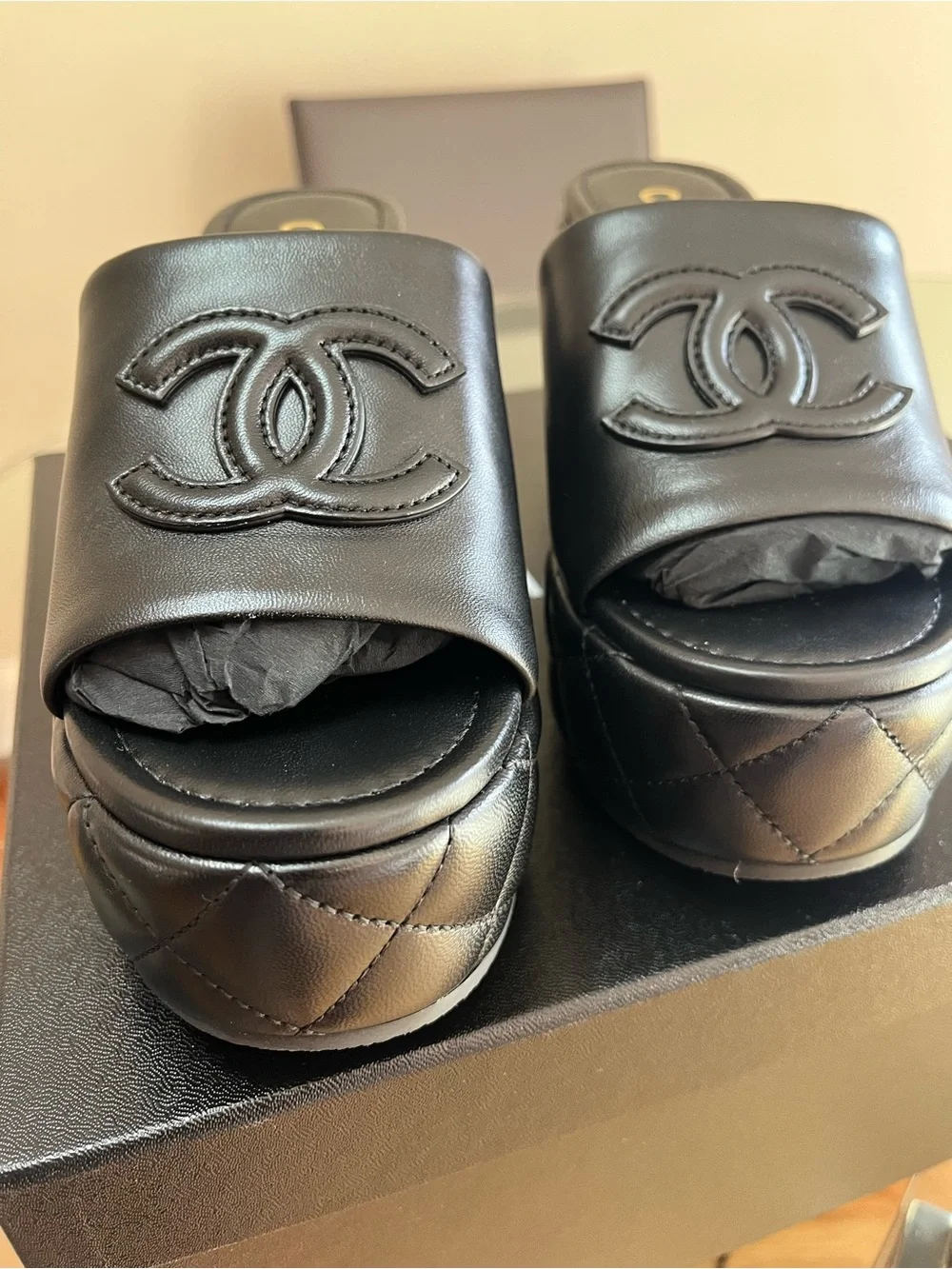 CHANEL Black Quilted Leather Platform Mules with CC Logo